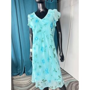 DBY Ltd Blue Floral Chiffon Dress Ruffle Sleeves Size 11/12 V-Neck Midi